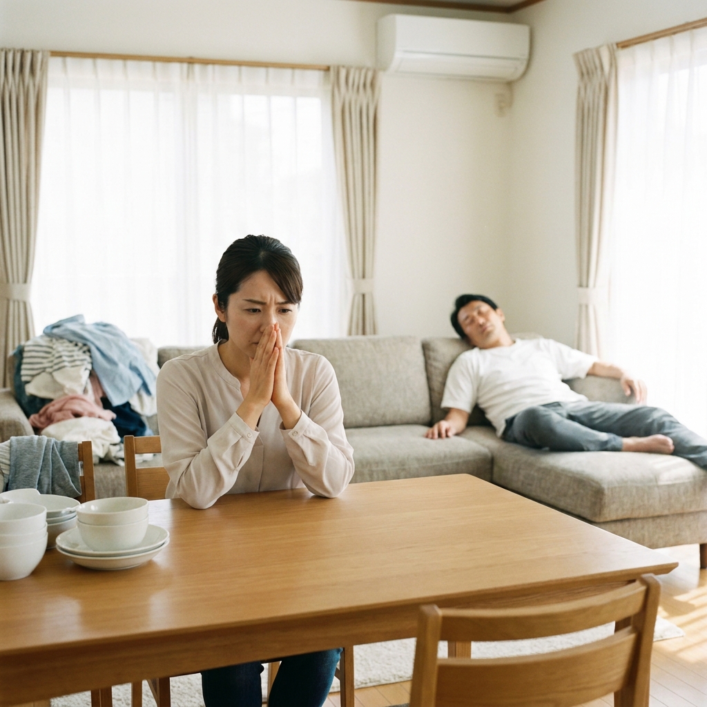 家事代行を頼むか悩む妻とソファでくつろぐ夫