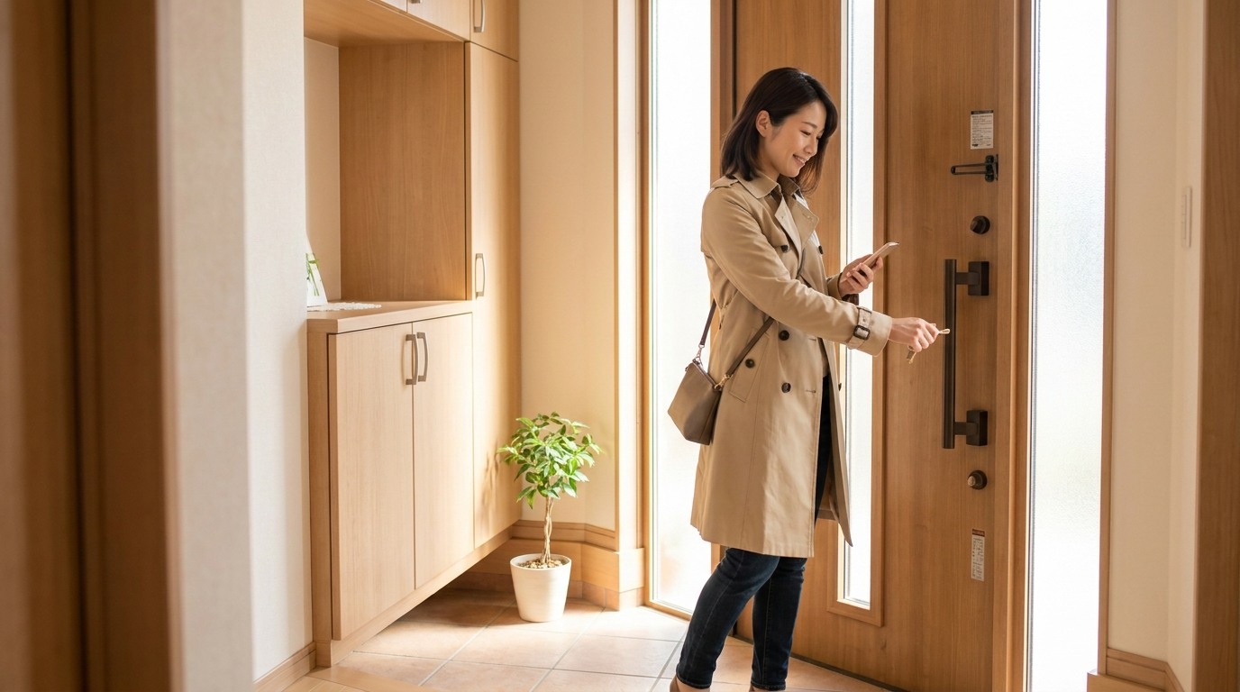 留守中に家事代行を頼む前に玄関を施錠して出かける女性
