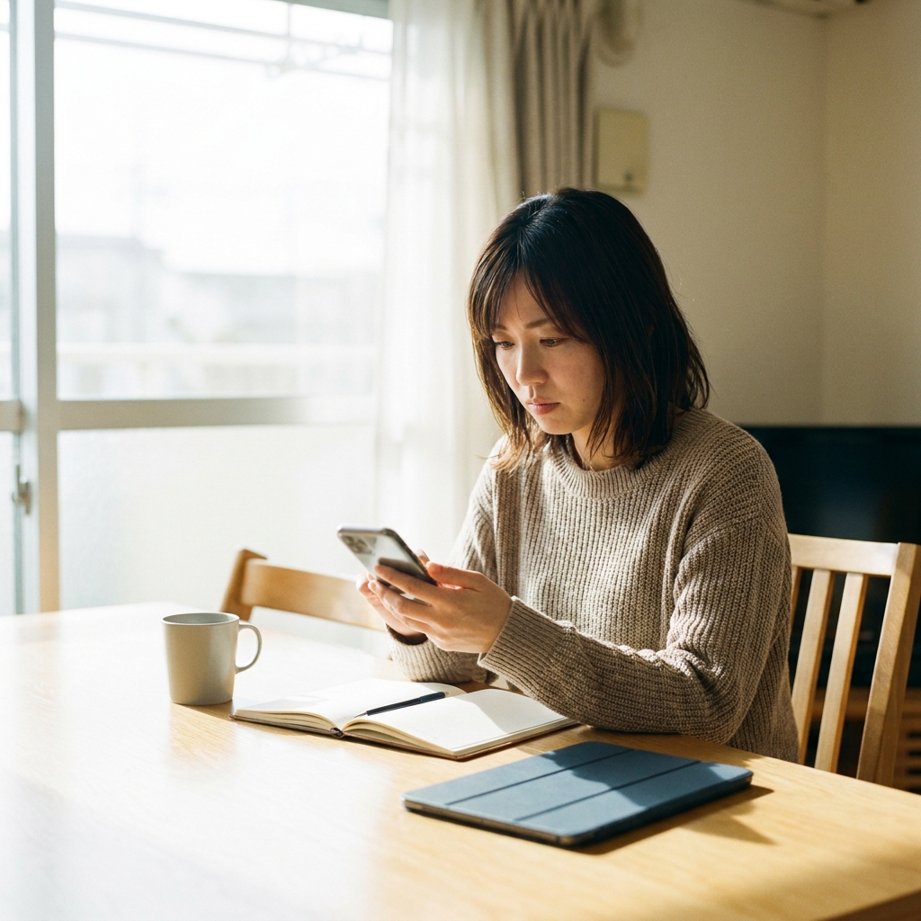 スマホで家事代行アルバイトの口コミを見比べる女性