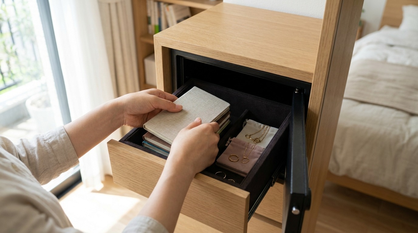 貴重品を鍵付きの引き出しに保管する手元