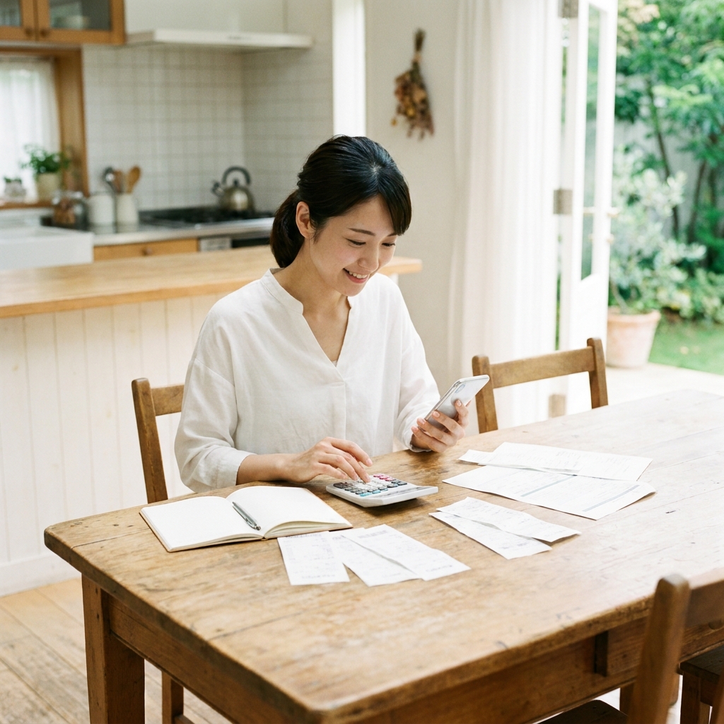 電卓で時給と交通費を計算する女性