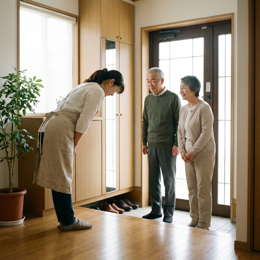 玄関でお客様にていねいに挨拶する家事代行スタッフ