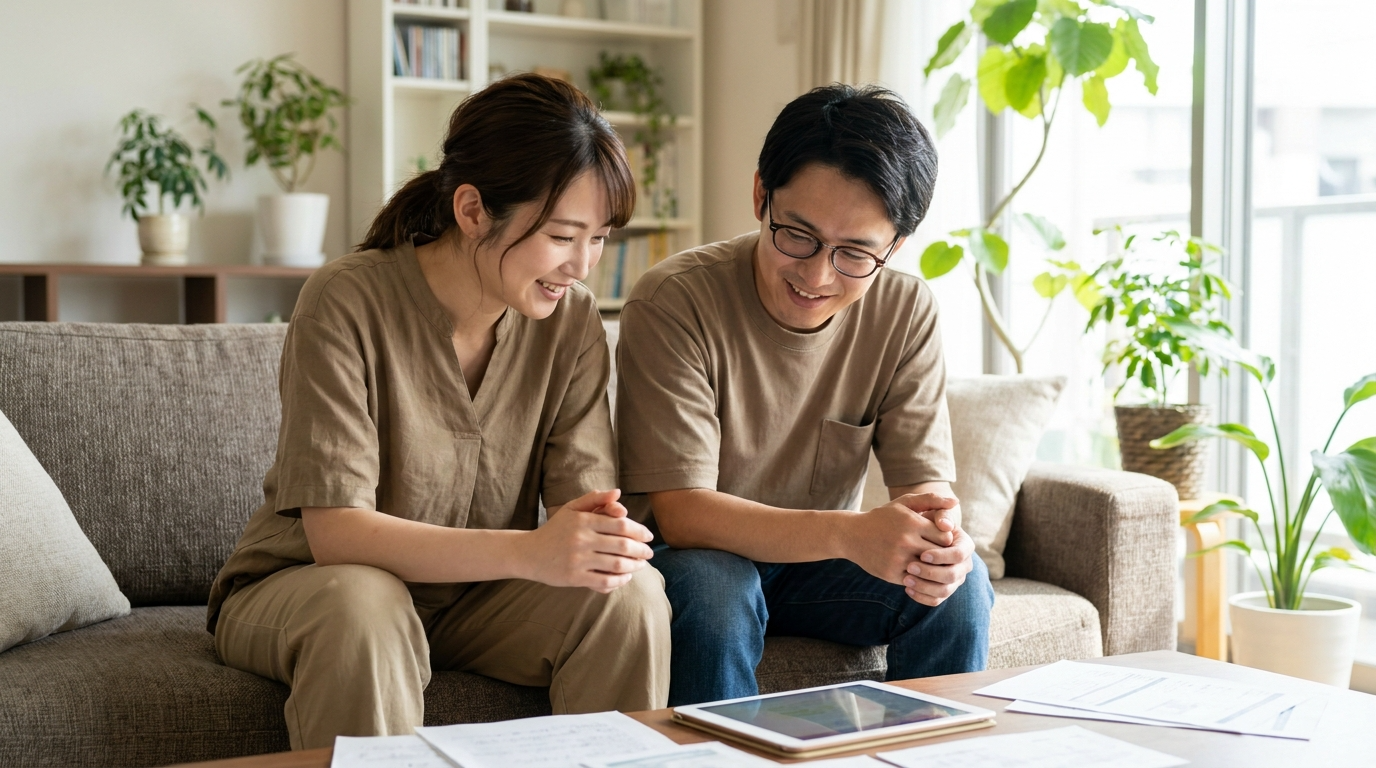 ソファで資料を見ながら家事代行を話し合う夫婦
