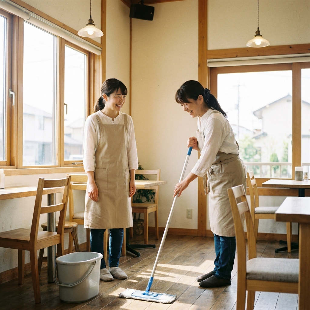 先輩から掃除を教わる未経験の家事代行スタッフ