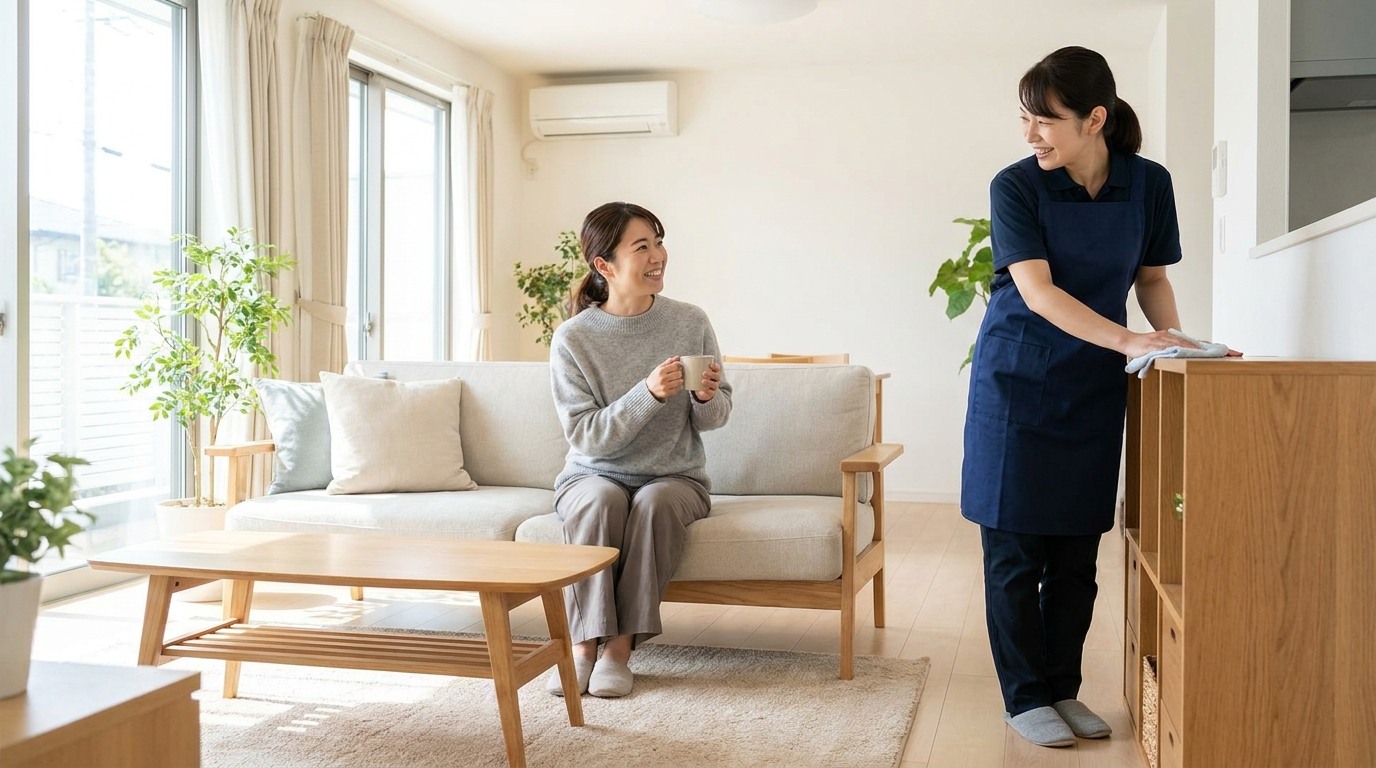 在宅で家事代行スタッフの作業を見守る依頼主