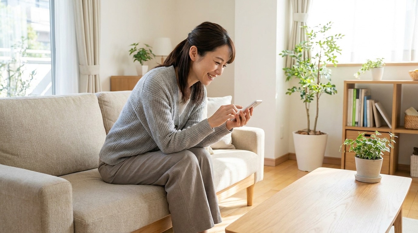 スマートフォンで家事代行サービスを選ぶ女性