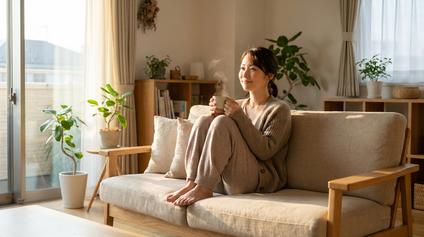 窓辺でほっと一息つく女性