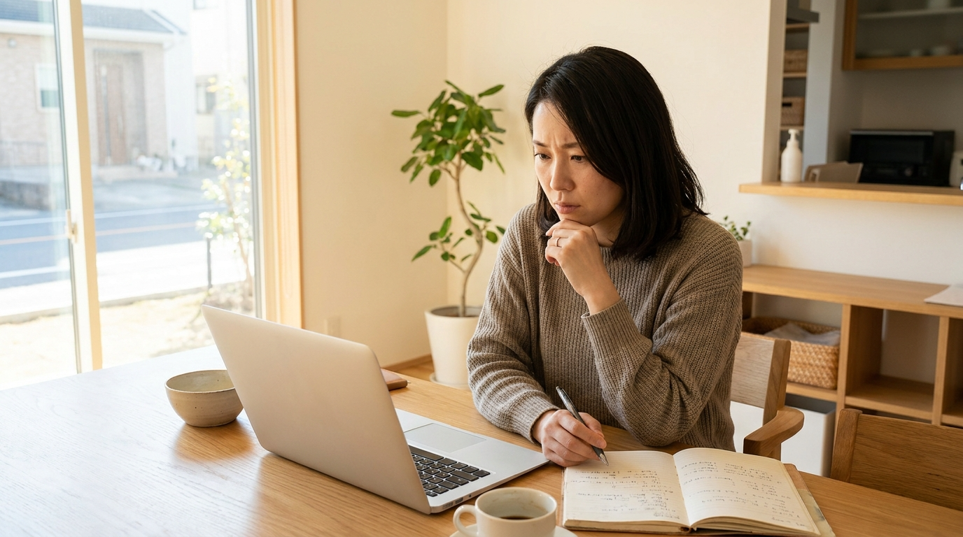 ノートパソコンで家事代行を調べるワーキングマザー