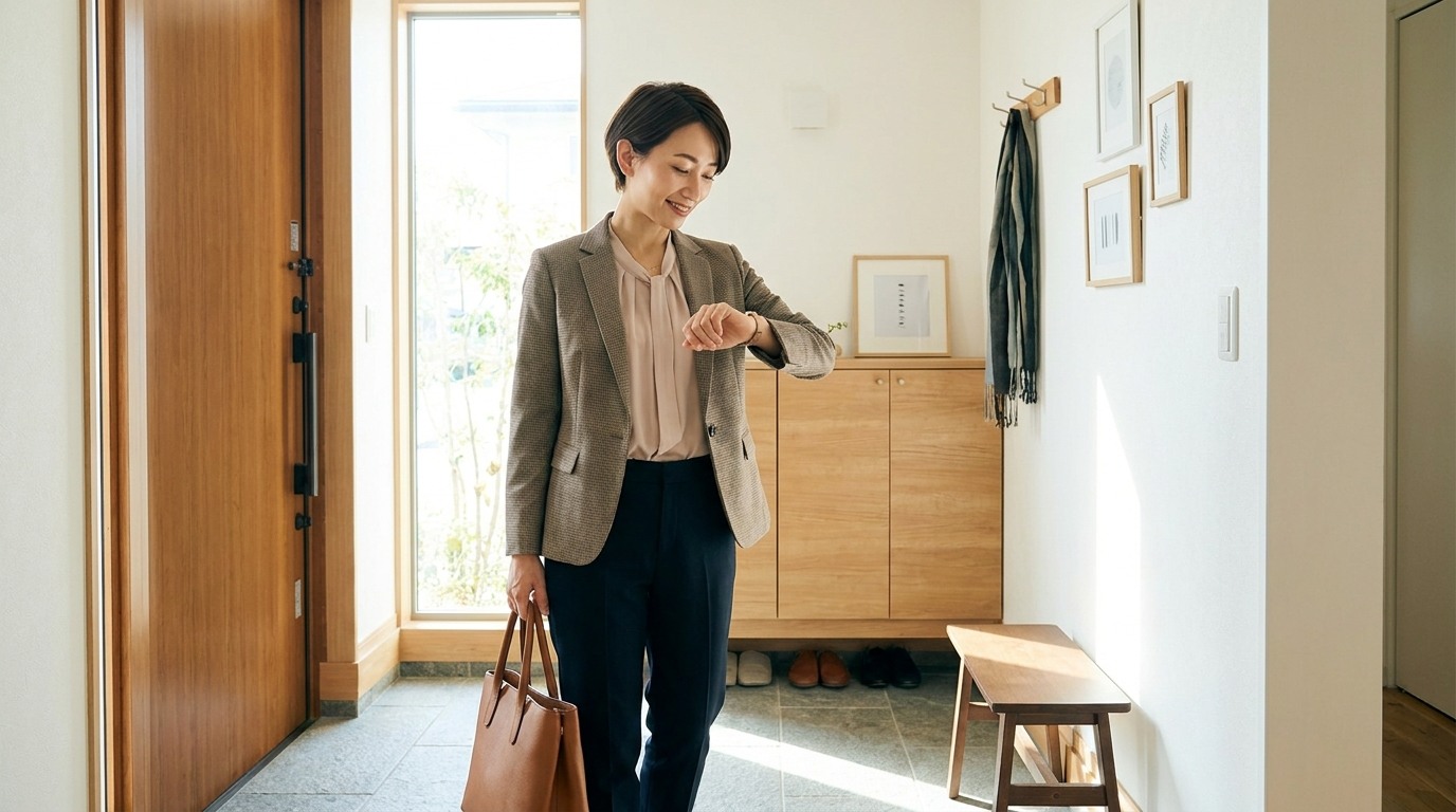 出かける支度をする忙しい共働きの女性