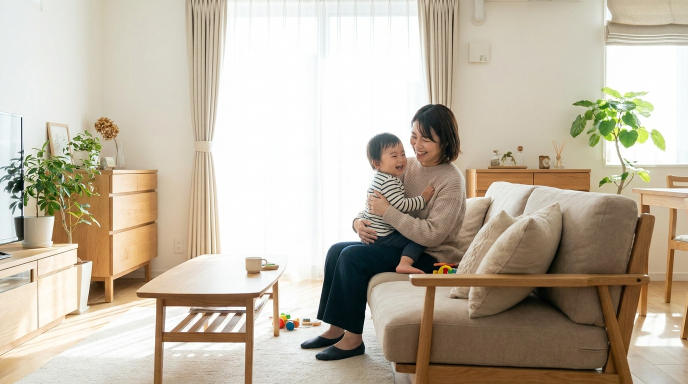 明るいリビングで子どもと笑顔で過ごす母親