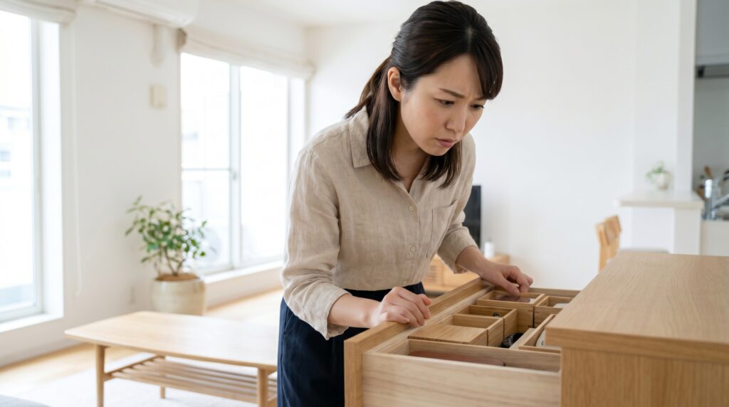 家事代行で物がなくなり引き出しを探す日本人女性