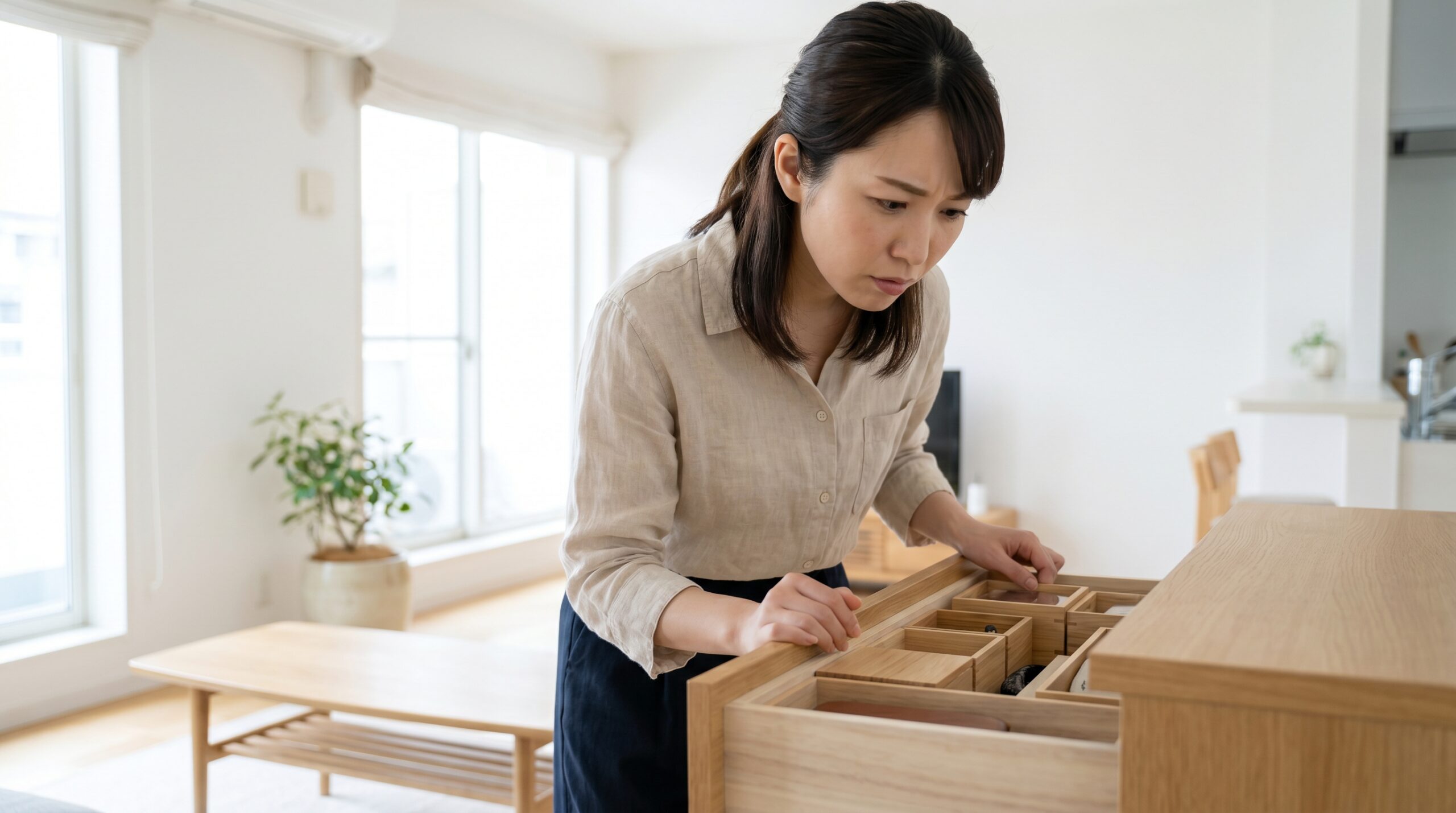 家事代行で物がなくなり引き出しを探す日本人女性