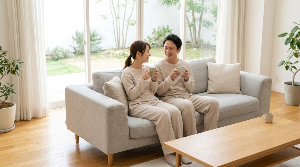 明るいリビングでくつろぐ共働き子なしの日本人夫婦