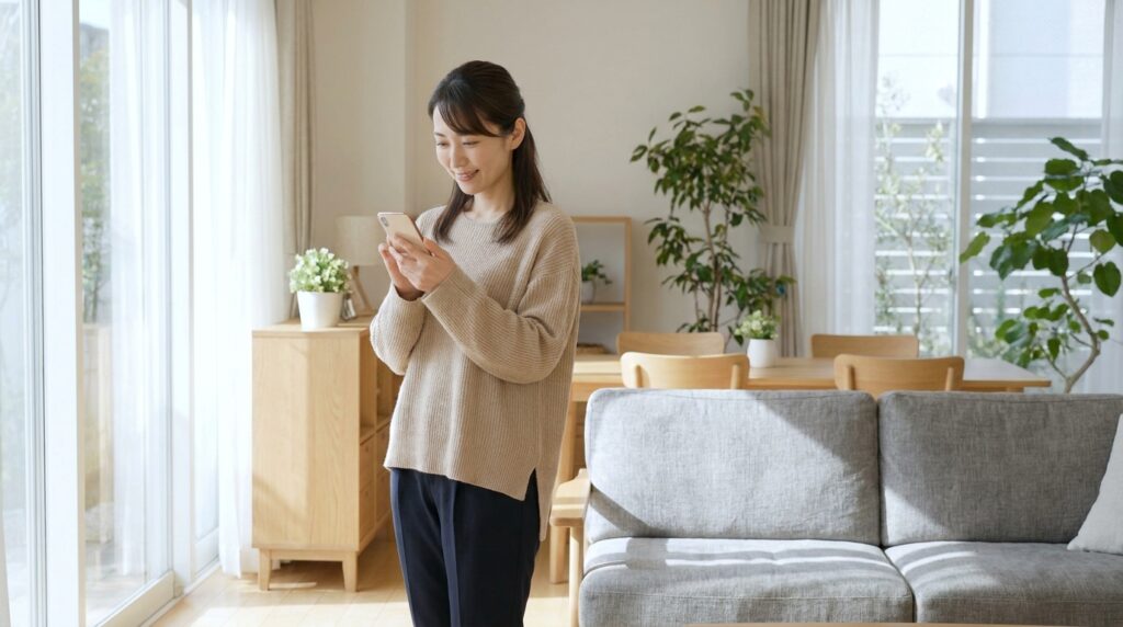 スマホを見て安心した表情の専業主婦