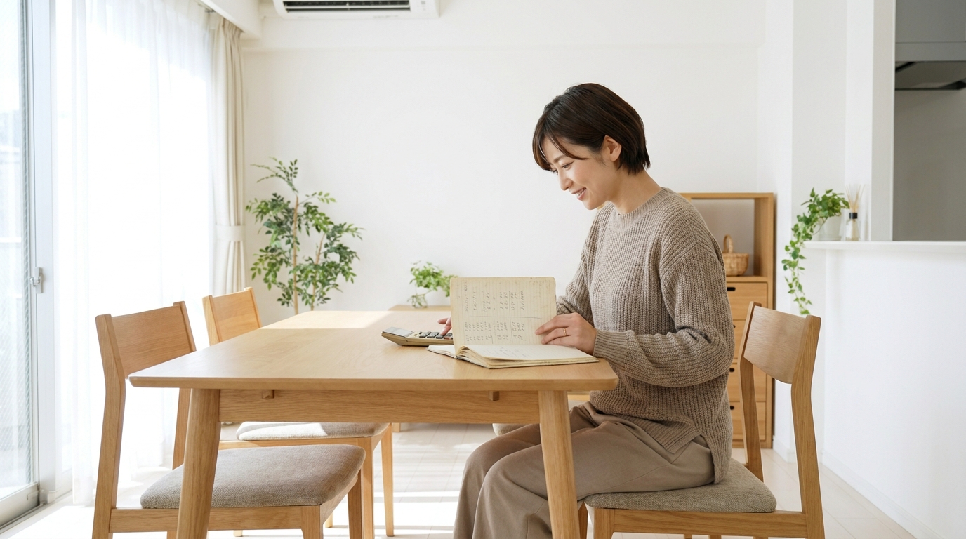 ダイニングでノートと電卓を手に家計を考える専業主婦