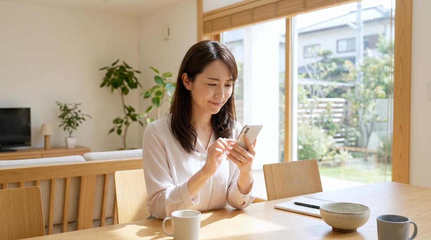 スマートフォンでキャットハンドの割引方法を調べる女性