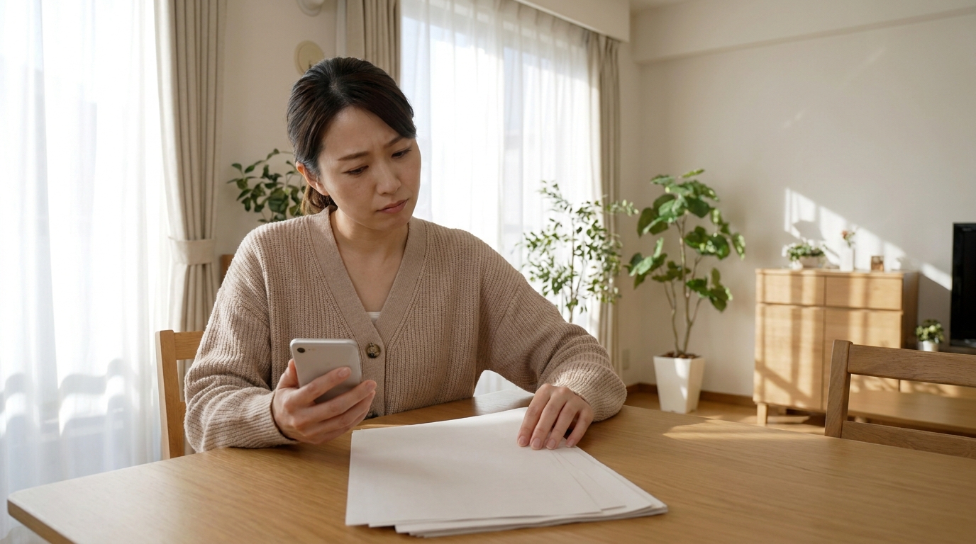 家事代行の解約・退会の手続きをスマホと書類で確認する女性