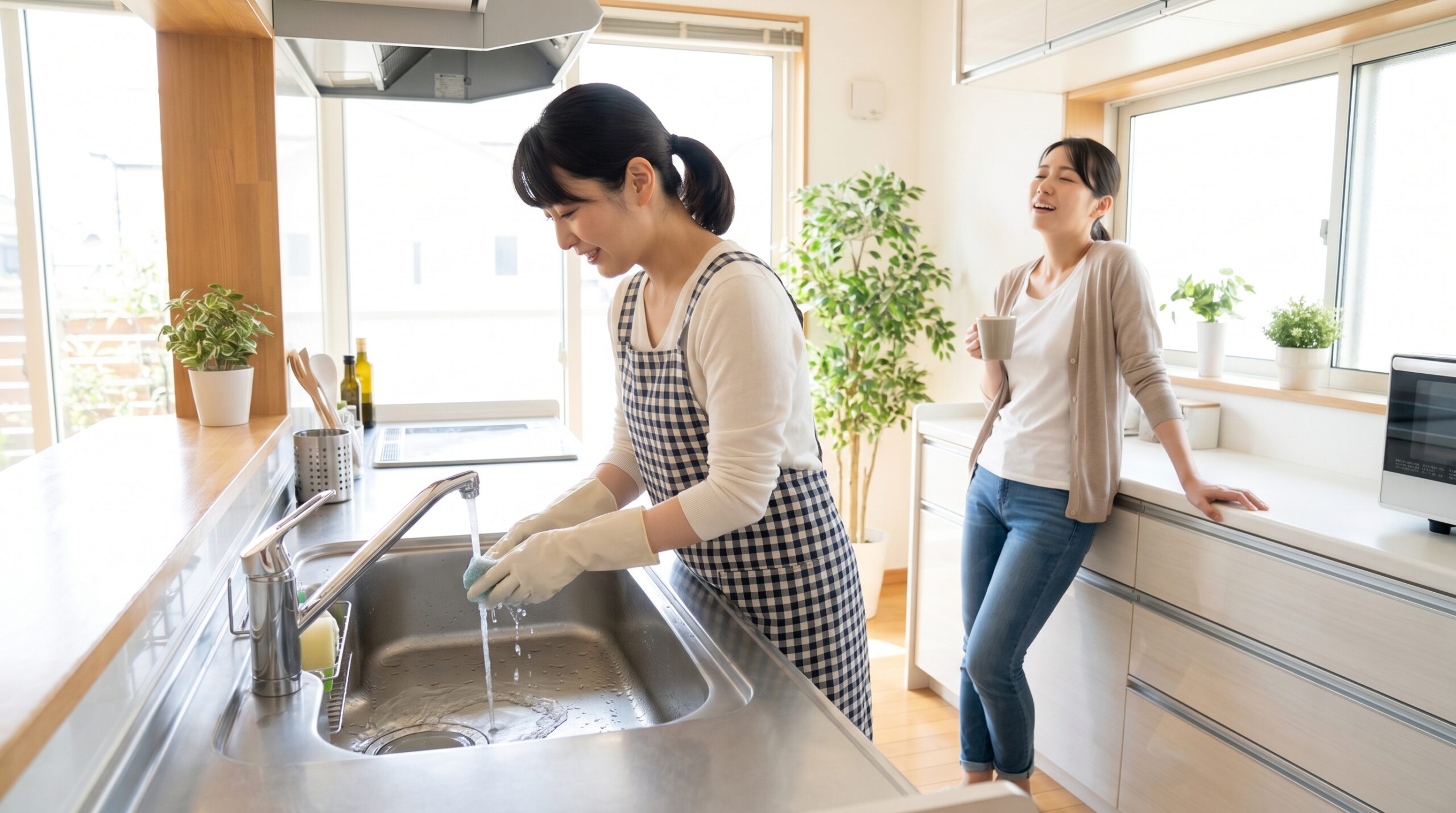キッチンの水回りを磨く家事代行スタッフ