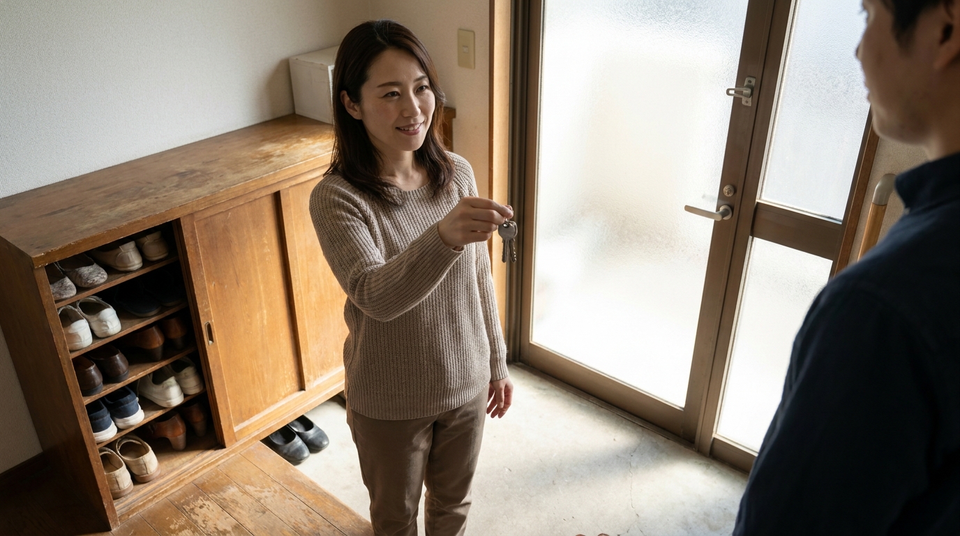 玄関で家事代行に家の鍵を預ける日本人女性