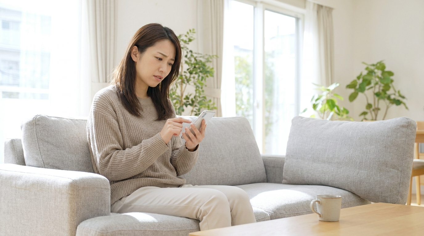 スマートフォンでメリーメイドの割引方法を調べる女性