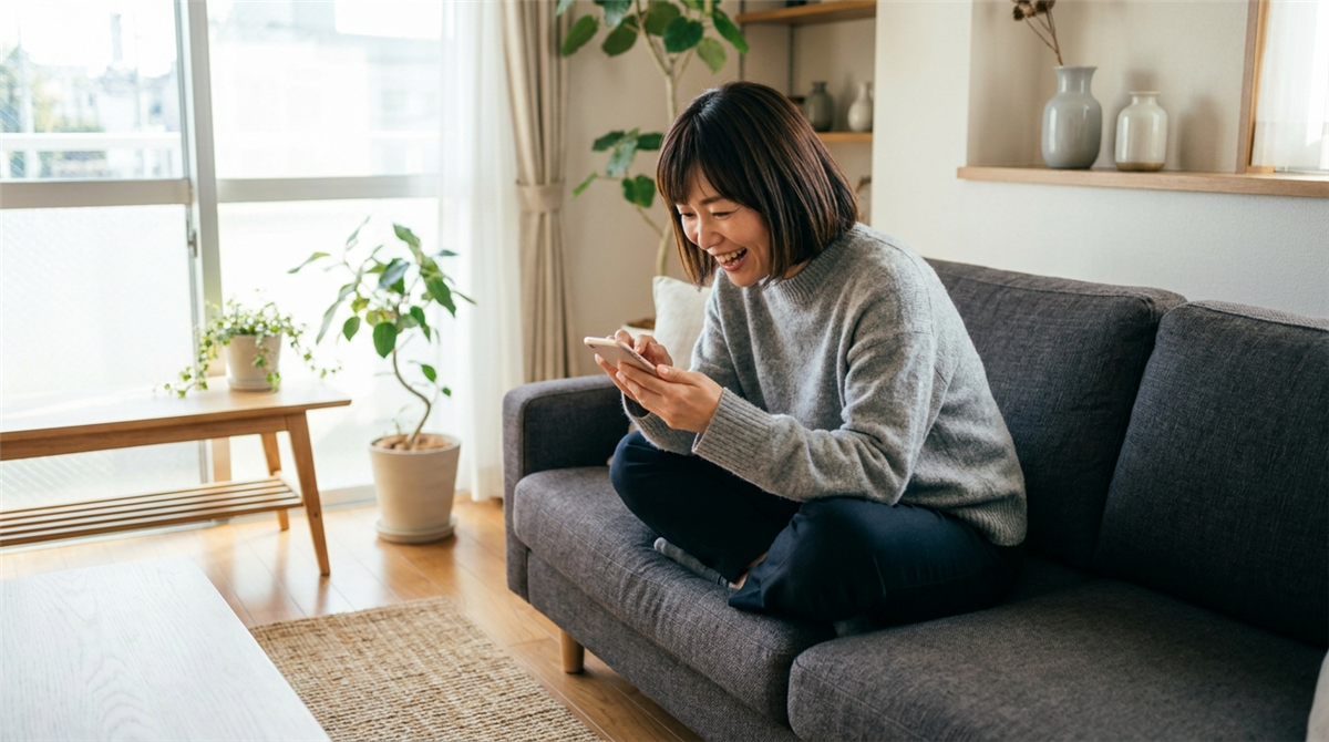スマートフォンでCaSyのお得なクーポンを見て喜ぶ女性