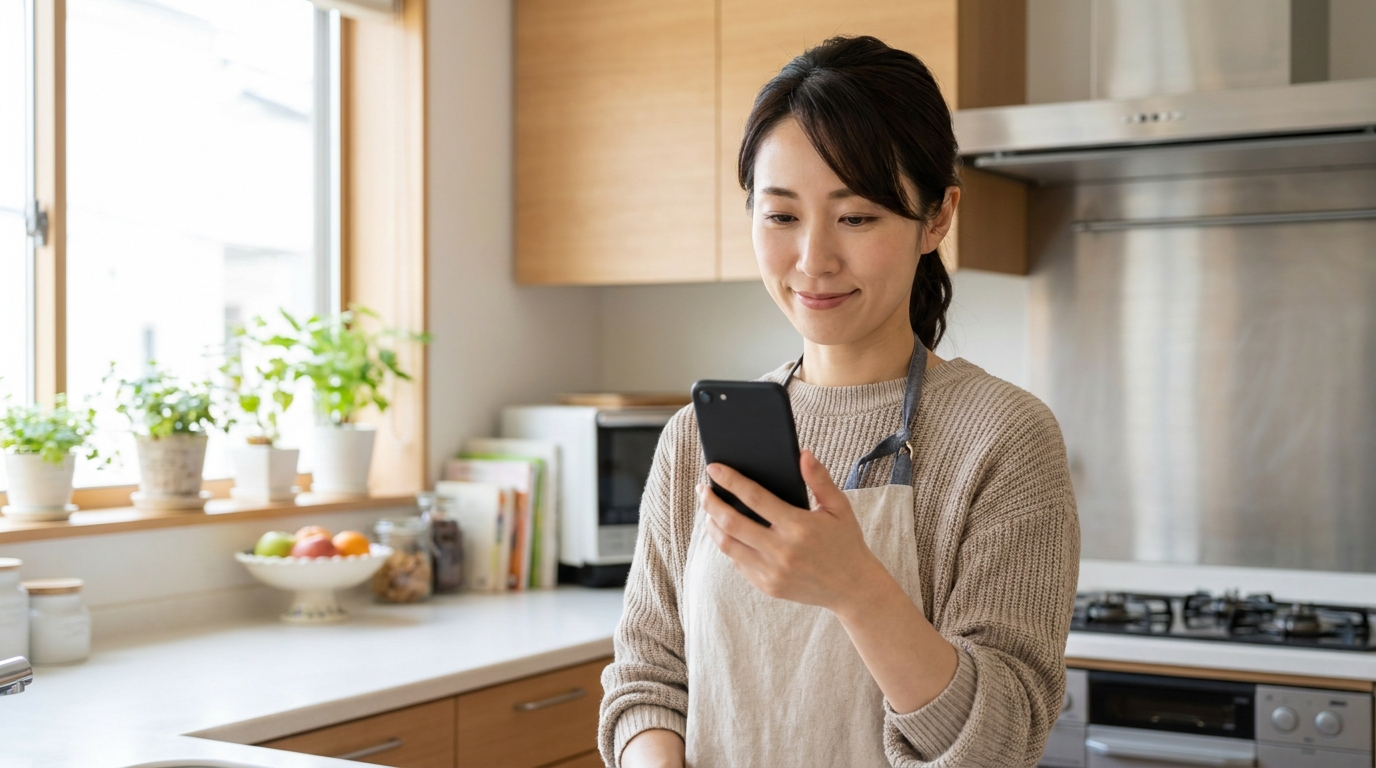 スマホで家事代行に皿洗いを予約する日本人女性