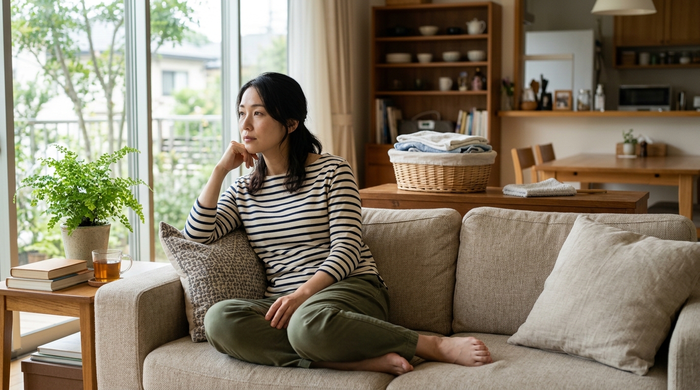 家事の合間にソファで物思いにふける女性