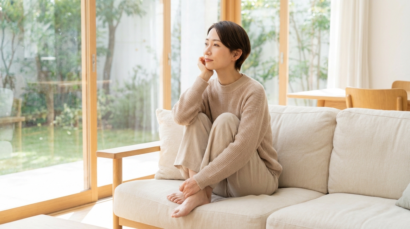 スマホで家事代行サービスを調べる30代の日本人女性