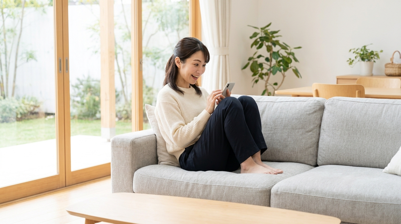 スマートフォンでタスカジのお得なクーポン情報を見つけて喜ぶ女性