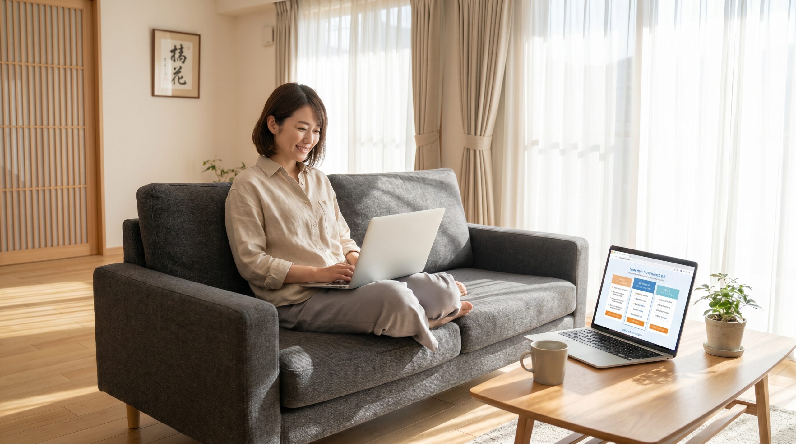 パソコンで家事代行サービスを比較する日本人女性