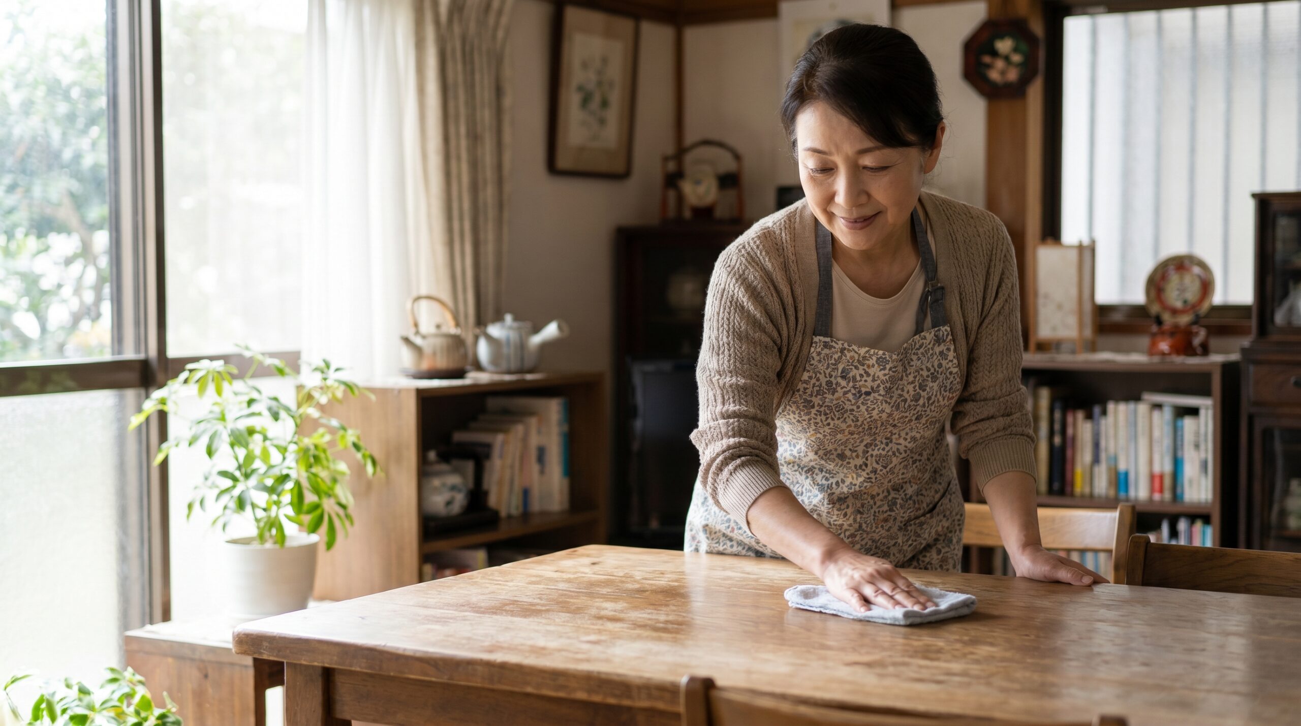 明るい部屋でタオルを持ち掃除をする日本人女性