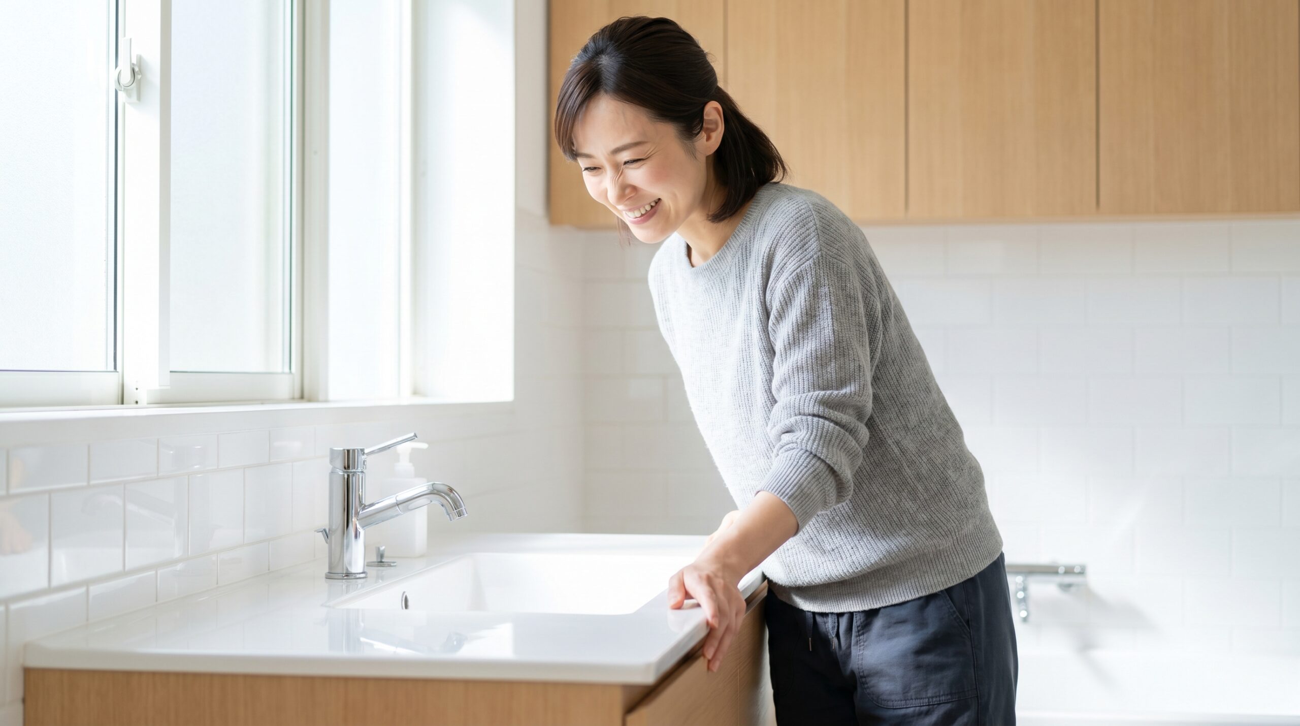 プロが磨いた清潔な水回りを満足げに眺める女性