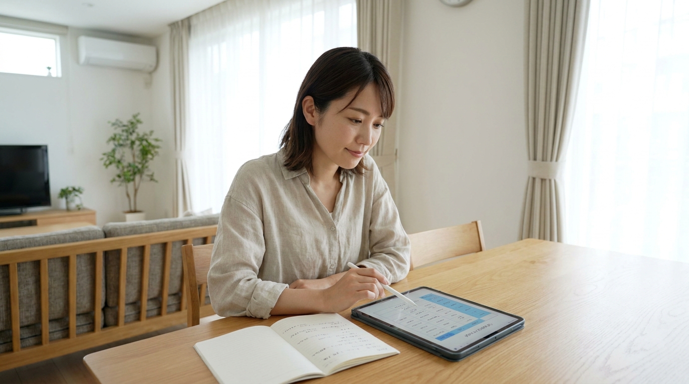 ベアーズのクーポンの割引の入口を表で見比べる女性