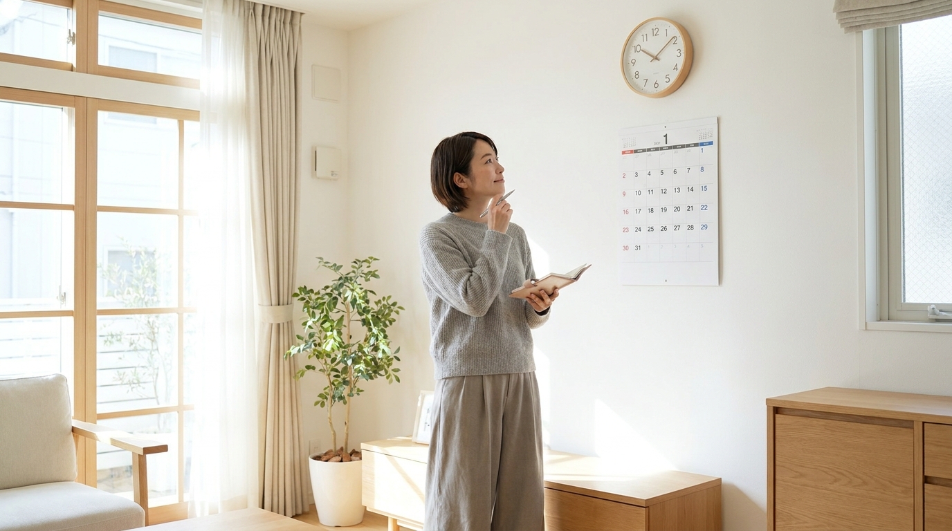 カレンダーと時計で平日日中の予定を確認する専業主婦