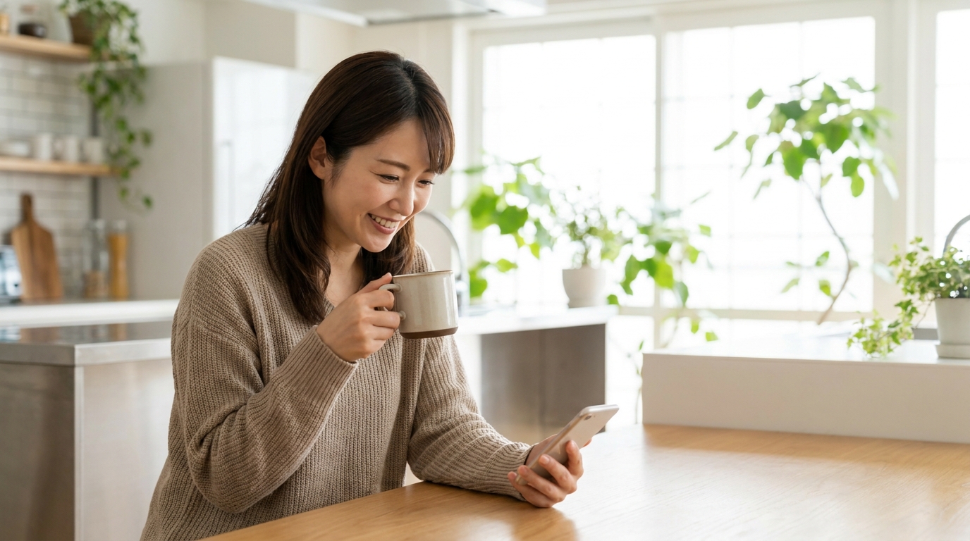 スマートフォンでベアーズの最新キャンペーンを確認する女性