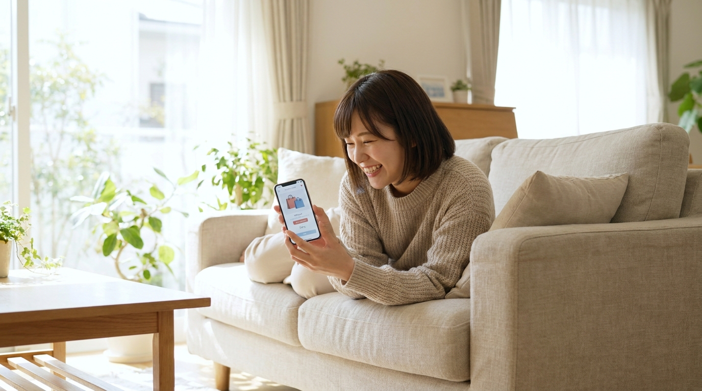 ソファでスマートフォンを見てお得な情報を確認する女性