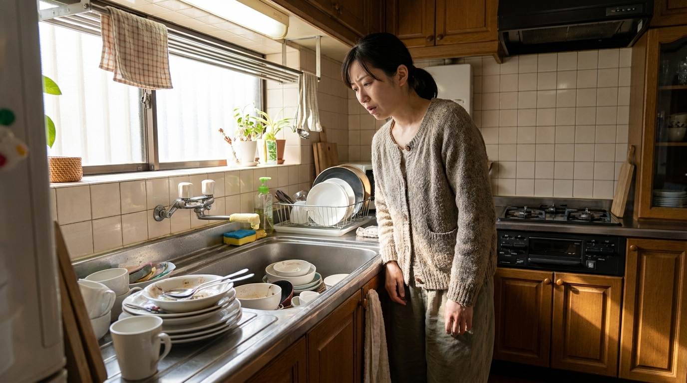 シンクに溜まった食器を前に悩む日本人女性