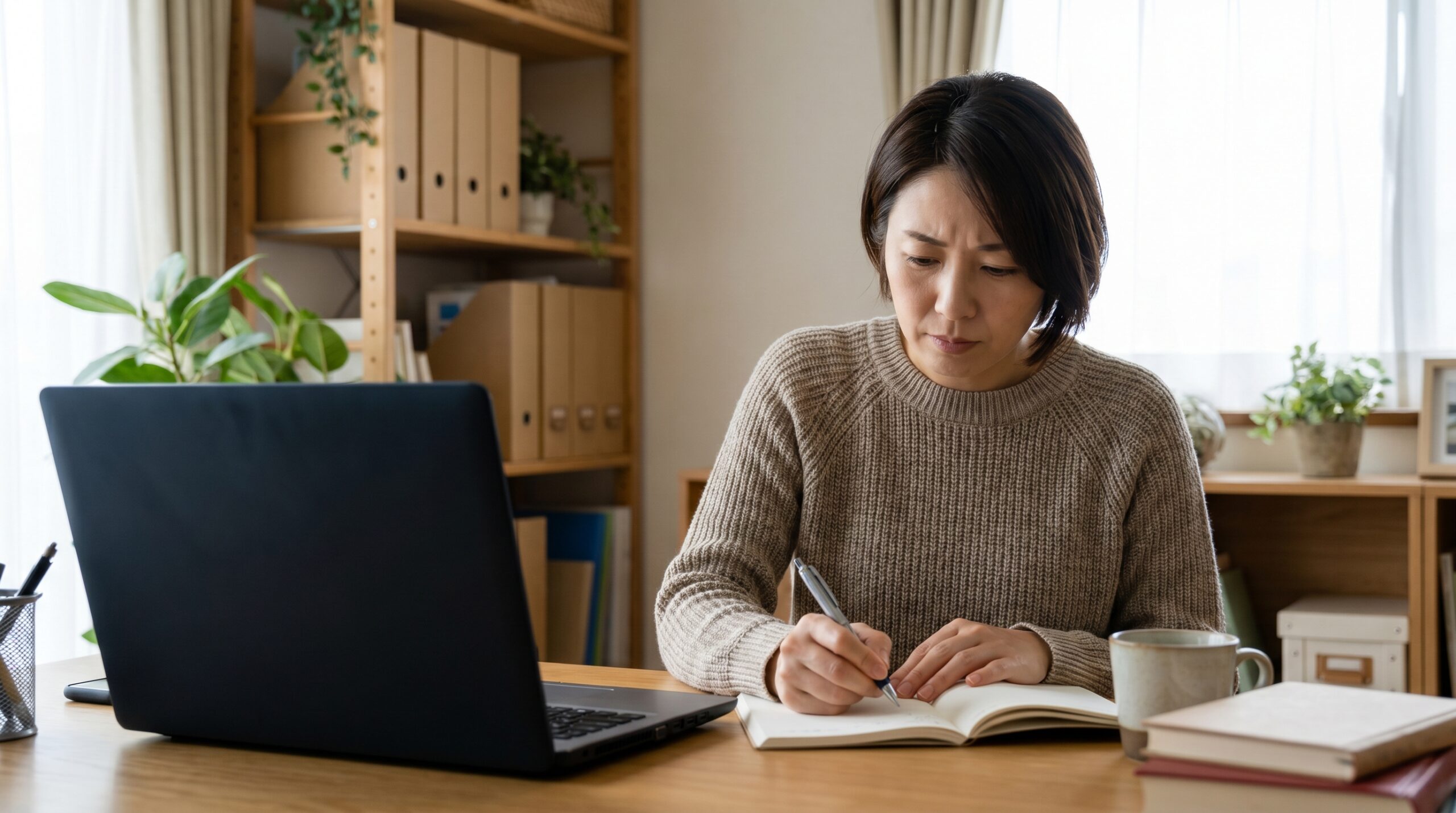 自宅でノートにメモを取りオンライン説明会を受ける日本人女性