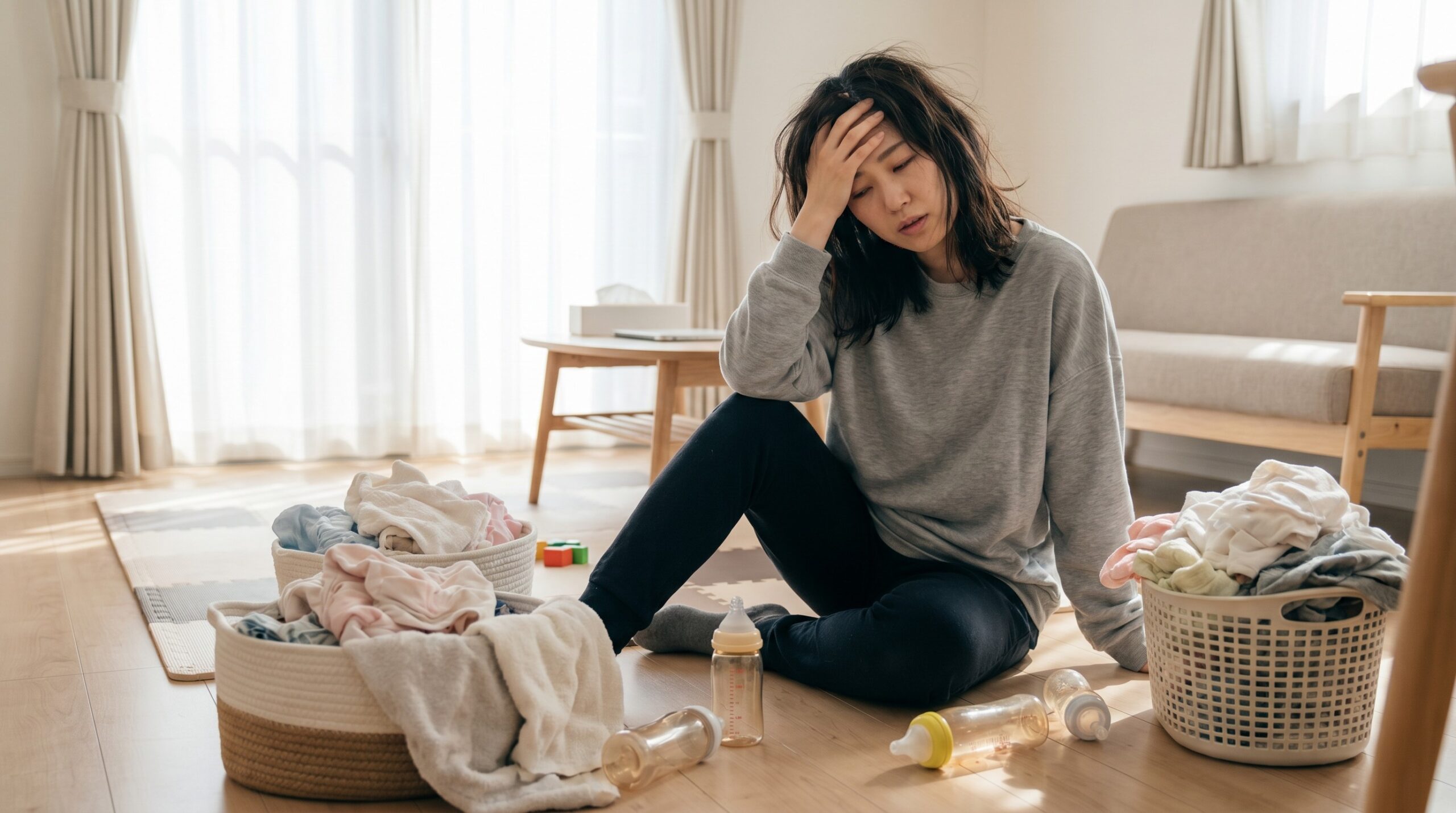 多胎のワンオペ育児で限界を感じ座り込む日本人の母親