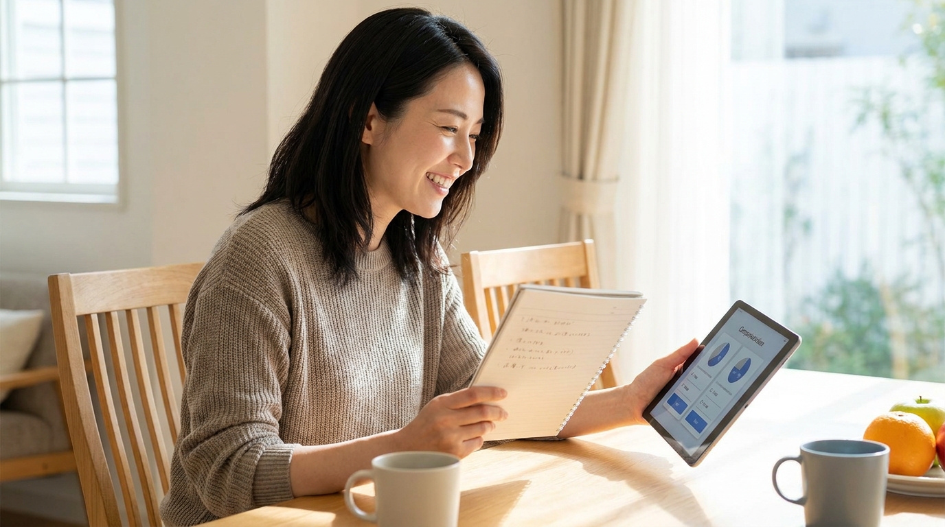 メモとタブレットでお得な利用法を比べる女性