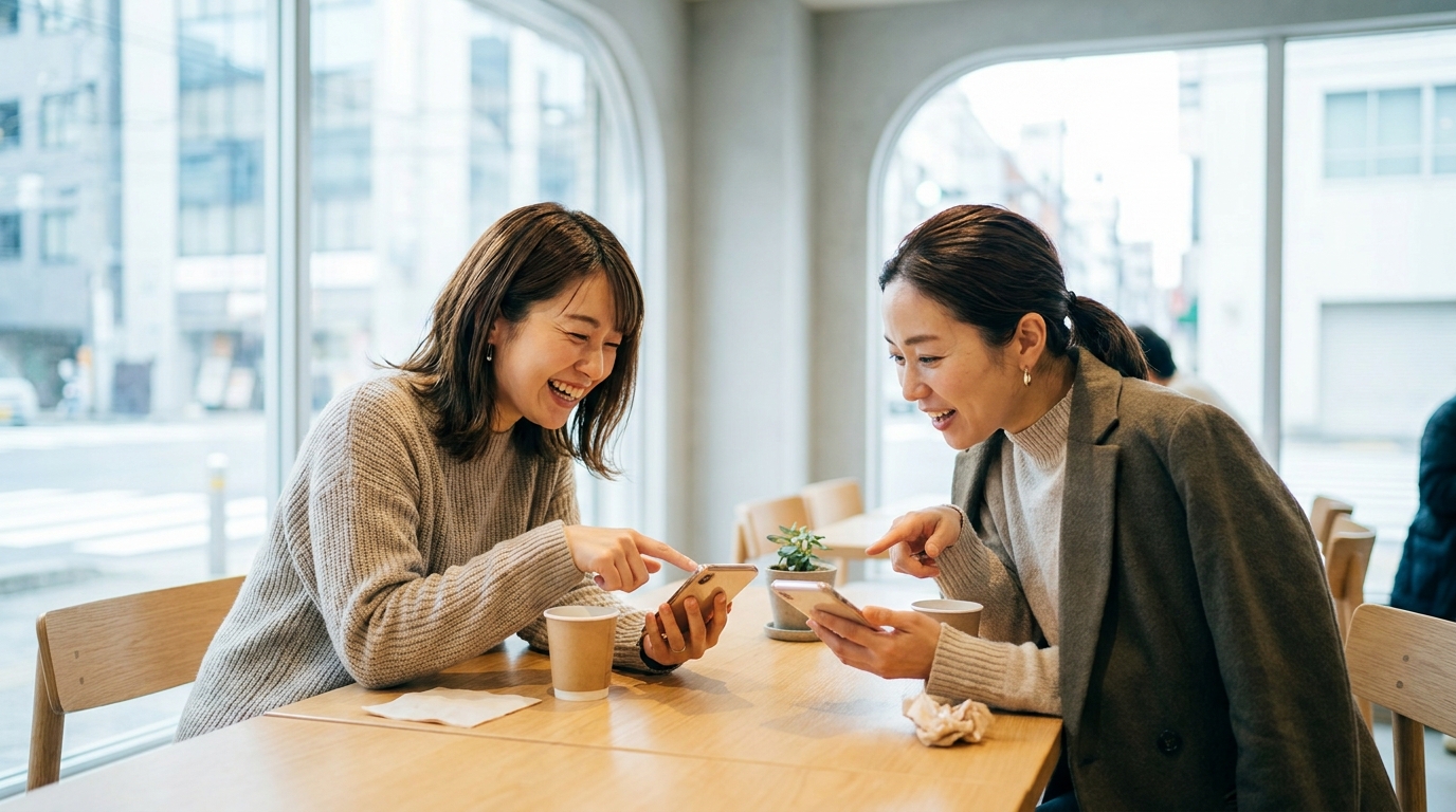 カフェで友人にタスカジの紹介クーポンを見せて会話する女性たち