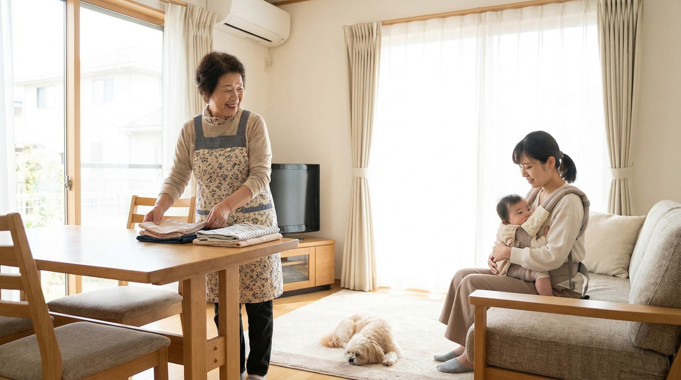 家事と育児を手伝うシニアの家事サポーターと若い母親