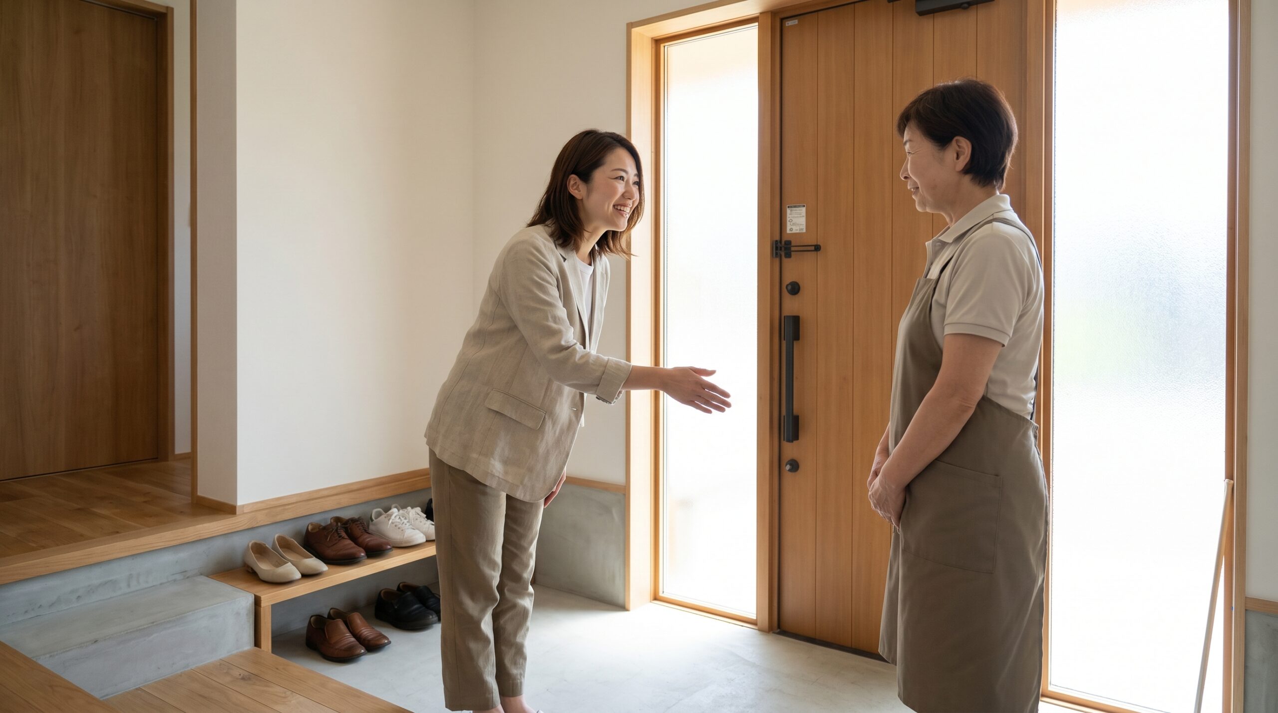 玄関で家事代行スタッフを笑顔で迎える女性