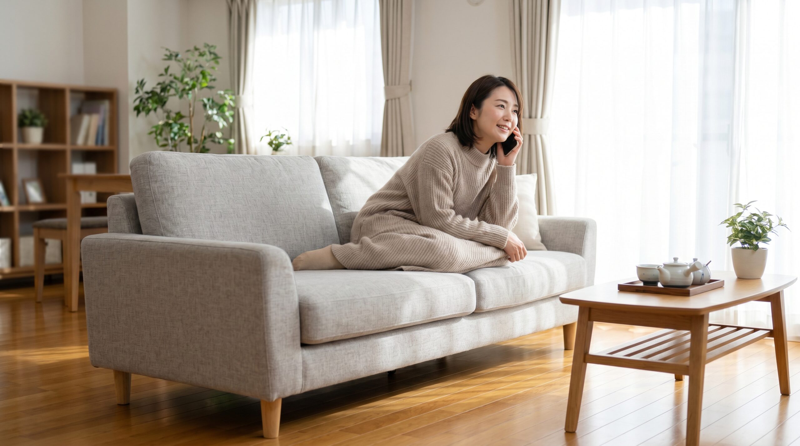 ソファでスマホを手に家事代行会社へ電話相談する日本人女性
