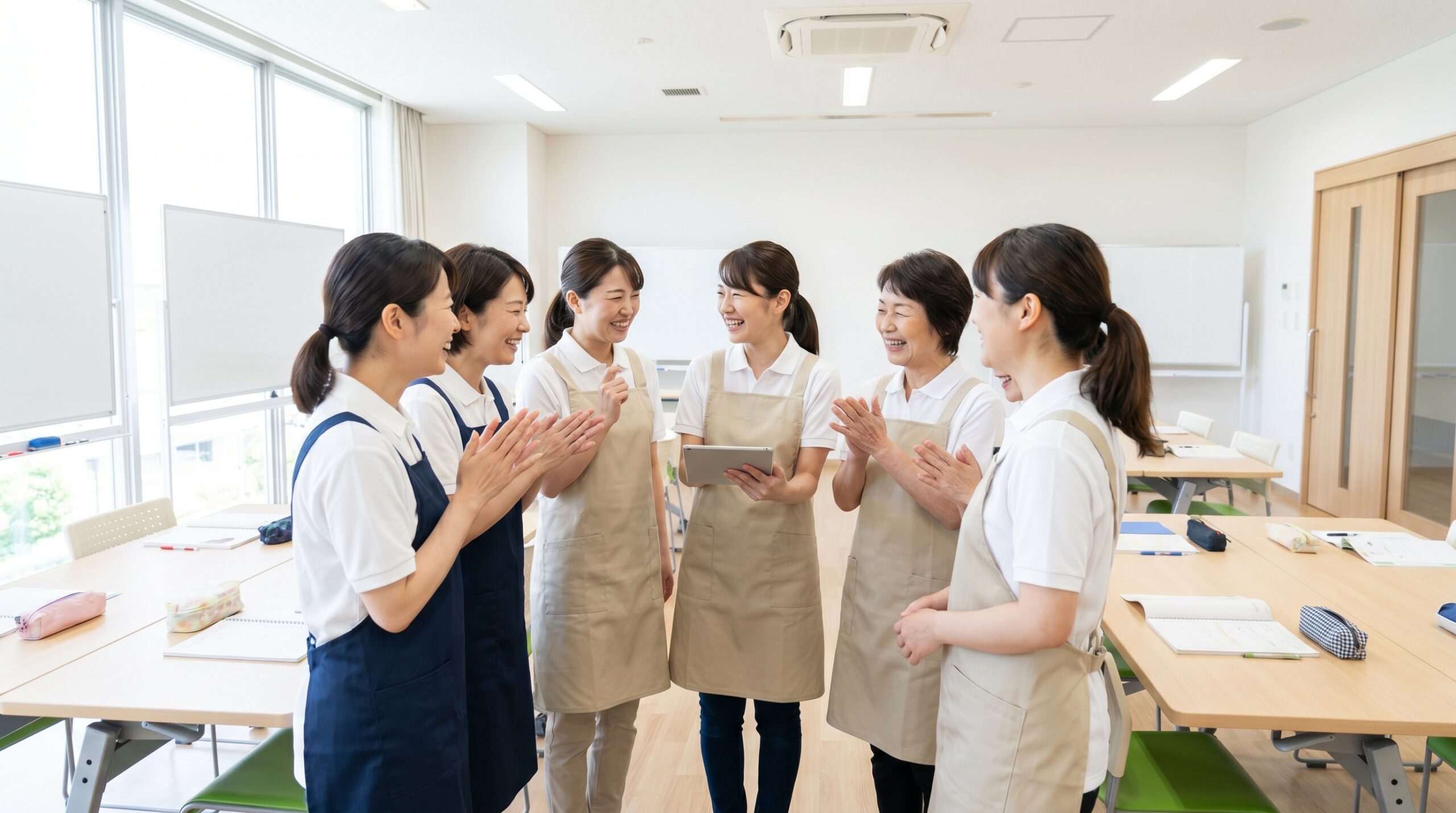 エプロン姿で研修を受ける複数の日本人女性スタッフ