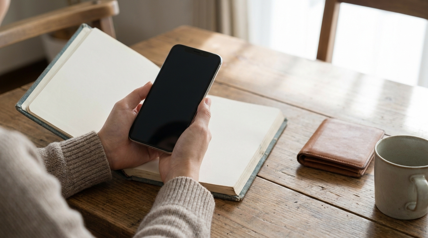 スマートフォンとノートでお得な情報を確認する手元
