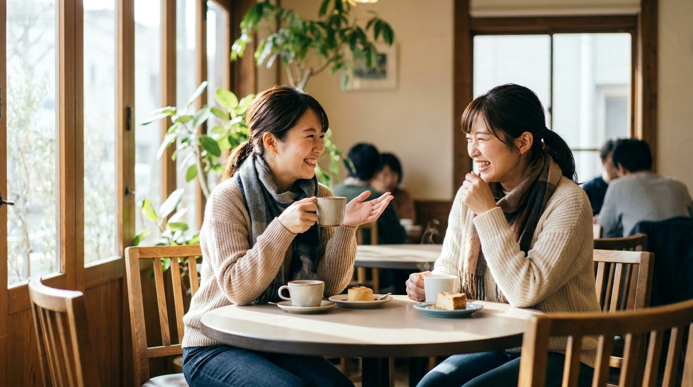 カフェで打ち解けて話す二人の日本人女性の友達