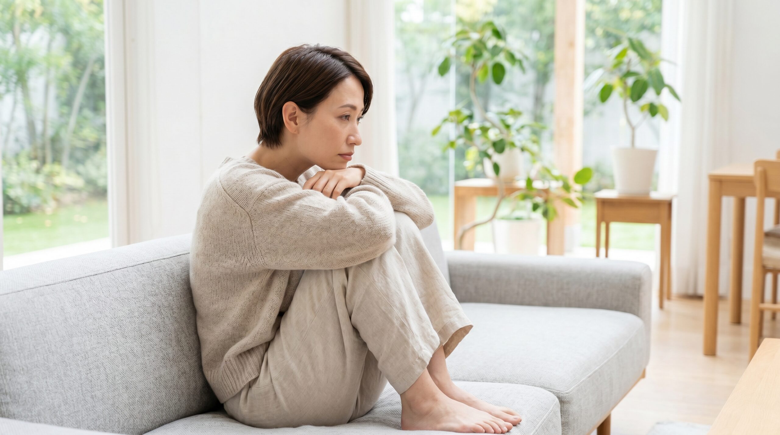 ソファで膝を抱え家事代行への罪悪感を感じる女性