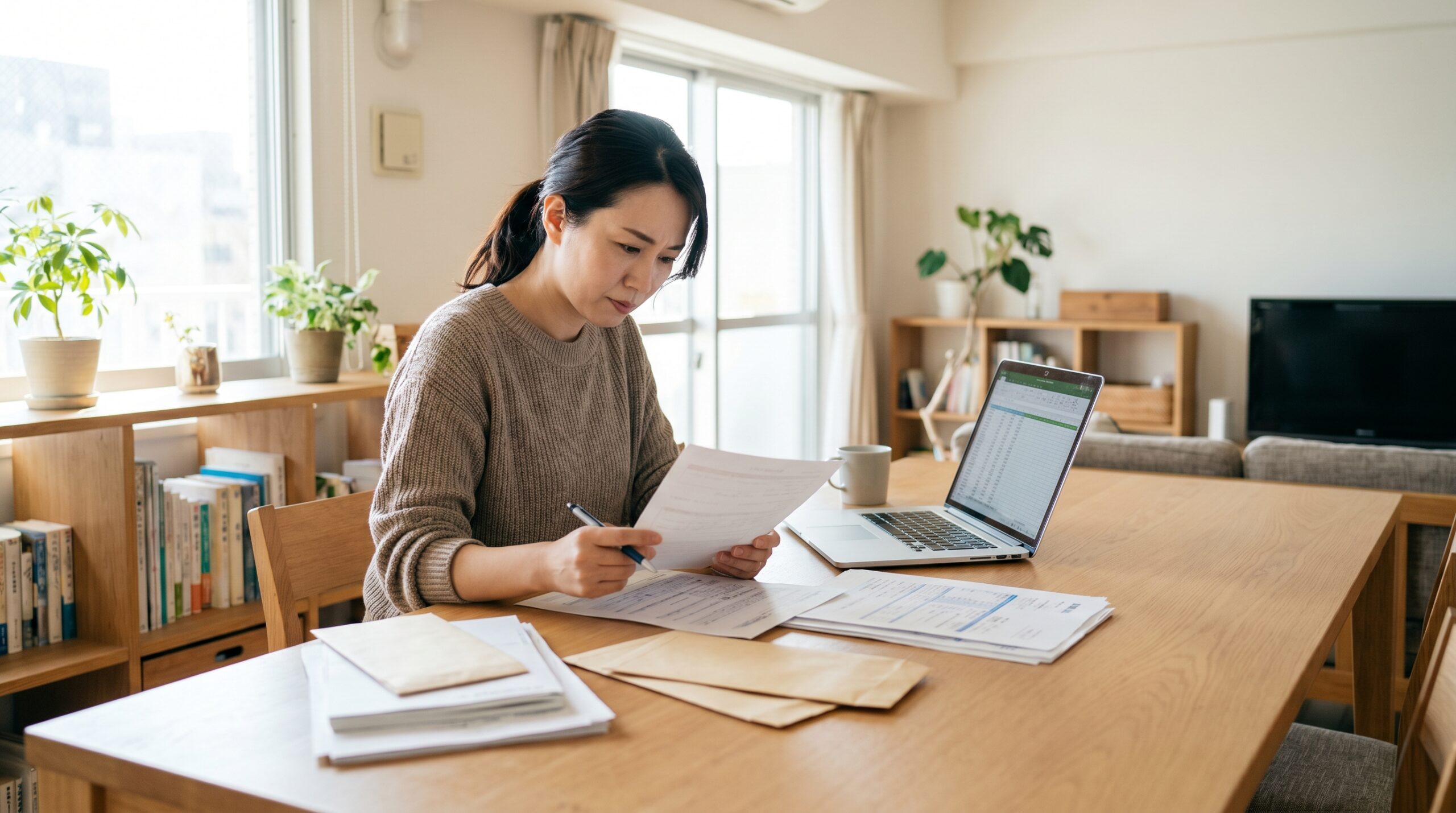 書類とノートパソコンで補償内容を確認する日本人女性
