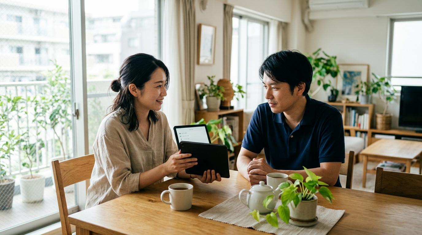 タブレットを見せながら夫に家事を相談する妻